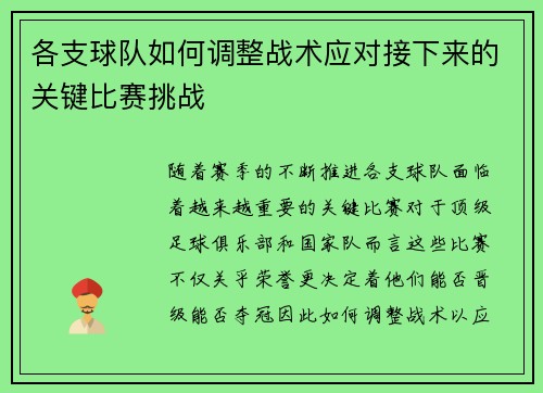 各支球队如何调整战术应对接下来的关键比赛挑战