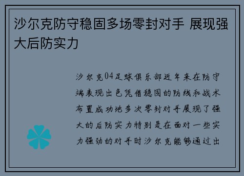 沙尔克防守稳固多场零封对手 展现强大后防实力