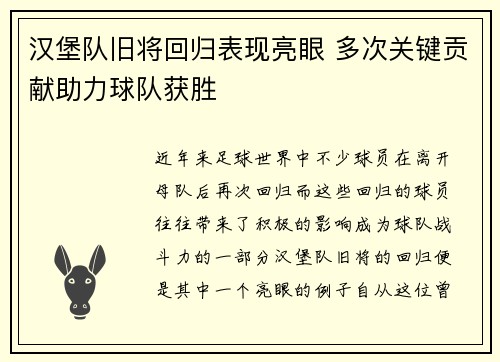 汉堡队旧将回归表现亮眼 多次关键贡献助力球队获胜