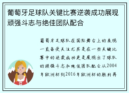 葡萄牙足球队关键比赛逆袭成功展现顽强斗志与绝佳团队配合