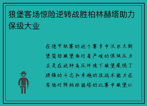 狼堡客场惊险逆转战胜柏林赫塔助力保级大业