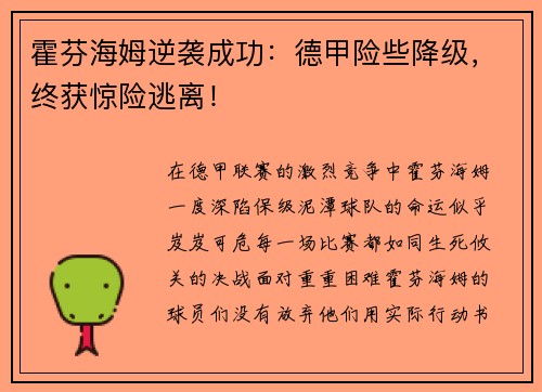 霍芬海姆逆袭成功：德甲险些降级，终获惊险逃离！