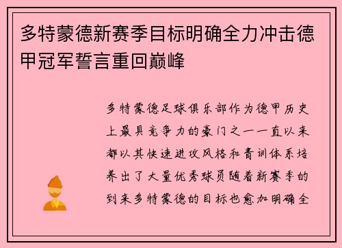 多特蒙德新赛季目标明确全力冲击德甲冠军誓言重回巅峰