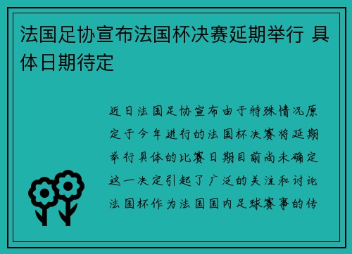 法国足协宣布法国杯决赛延期举行 具体日期待定