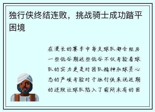 独行侠终结连败，挑战骑士成功踏平困境