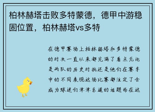 柏林赫塔击败多特蒙德，德甲中游稳固位置，柏林赫塔vs多特