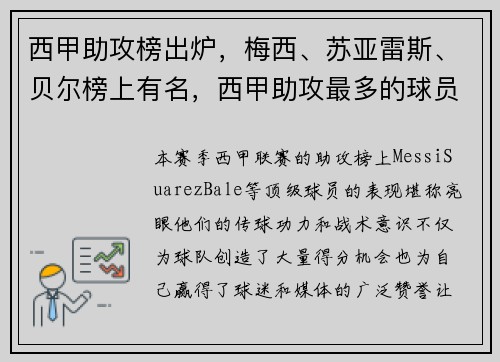 西甲助攻榜出炉，梅西、苏亚雷斯、贝尔榜上有名，西甲助攻最多的球员