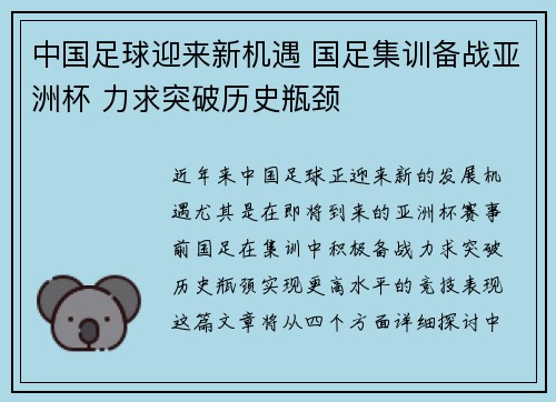 中国足球迎来新机遇 国足集训备战亚洲杯 力求突破历史瓶颈