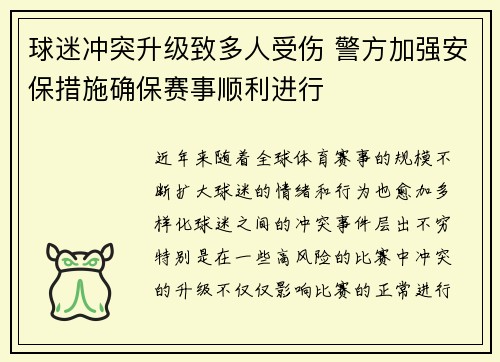 球迷冲突升级致多人受伤 警方加强安保措施确保赛事顺利进行