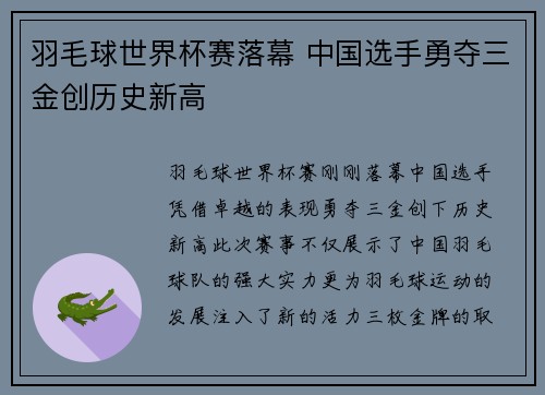 羽毛球世界杯赛落幕 中国选手勇夺三金创历史新高